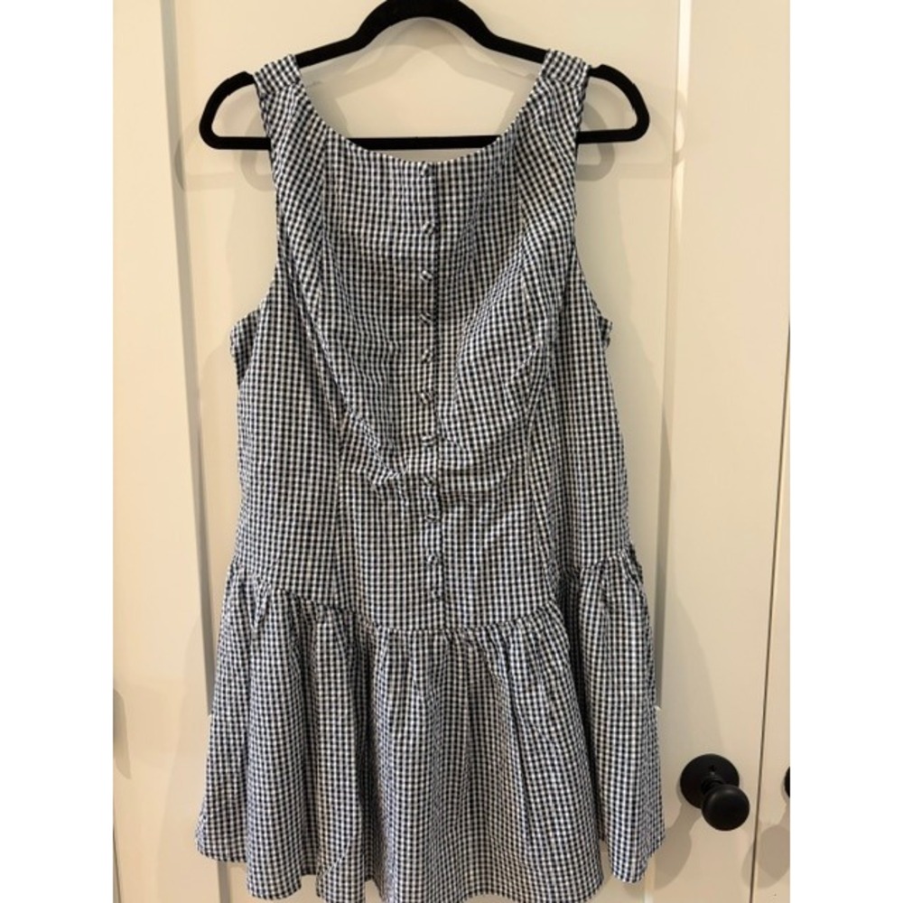 Navy Blue White Gingham Checkered Sleeveless Drop Waist Button Back Mini Dress